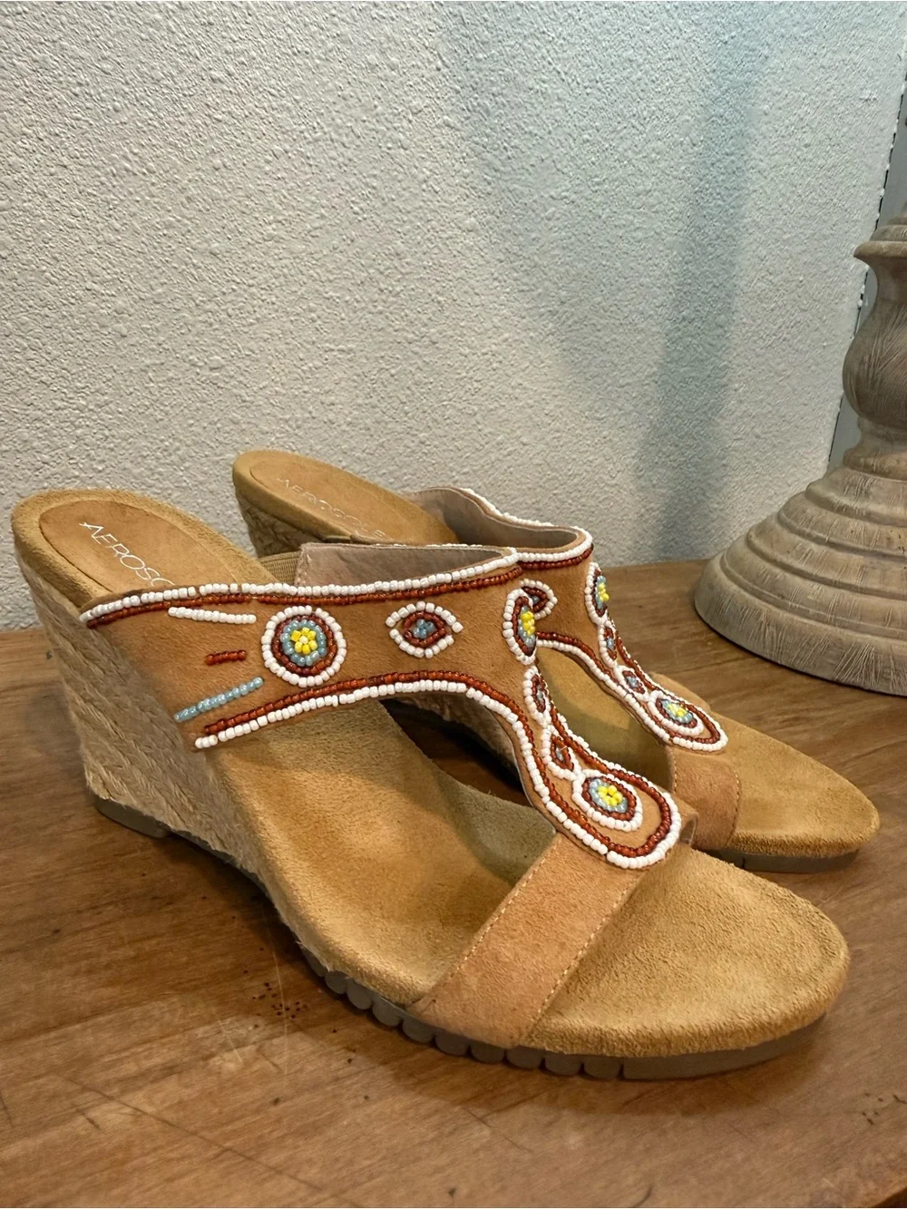 Aerosoles Beaded Espadrille Wedge Sandals Tan Suede Boho Size 7M